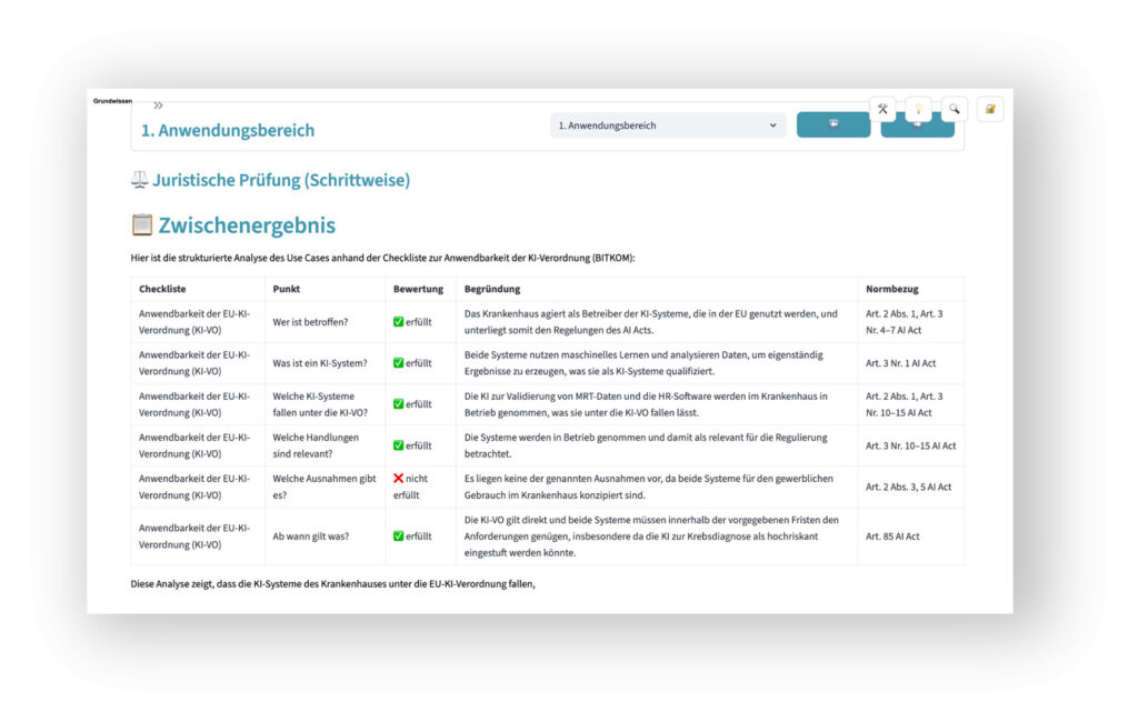 Grundwissen KI-Recht: Bild zu Use Cases Analyse bzgl. KI-Verordnung im Legal-AI-Lab.