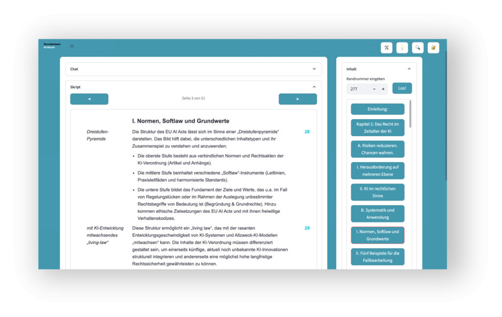 Grundwissen KI-Recht: Bild zum Digital AI-Twin des Skripts inkl. Randnummern, Suche und Inhaltsverzeichnis im Legal-AI-Lab.